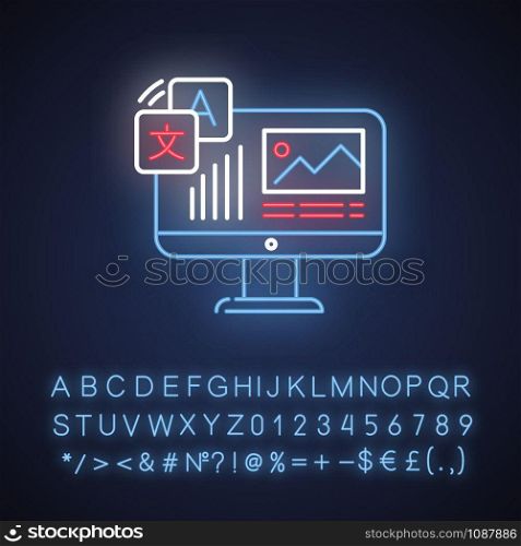 Website localization, DTP services neon light icon. Website translation. Text editing, spelling correction. Document page translator. Desktop publishing. Glowing alphabet. Vector isolated illustration