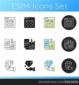 Website management icons set. Information architecture. Mobile application prototyping. Valubale digital product. User experience. Linear, black and RGB color styles. Isolated vector illustrations. Website management icons set