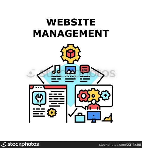 Website Management Vector Icon Concept. Programmer And Content Manager Website Management Occupation. Loading Video, Music And Photo File. Web Site Maintenance And Support Color Illustration. Website Management Vector Concept Illustration