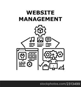 Website Management Vector Icon Concept. Programmer And Content Manager Website Management Occupation. Loading Video, Music And Photo File. Web Site Maintenance And Support Black Illustration. Website Management Vector Concept Illustration