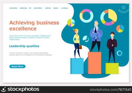 Website of company that achieving business excellence. Page about leadership qualities that bring you success. Men and woman, team of managers stand on data chart. Vector illustration in flat style. Company Achieving Business Excellence, Website