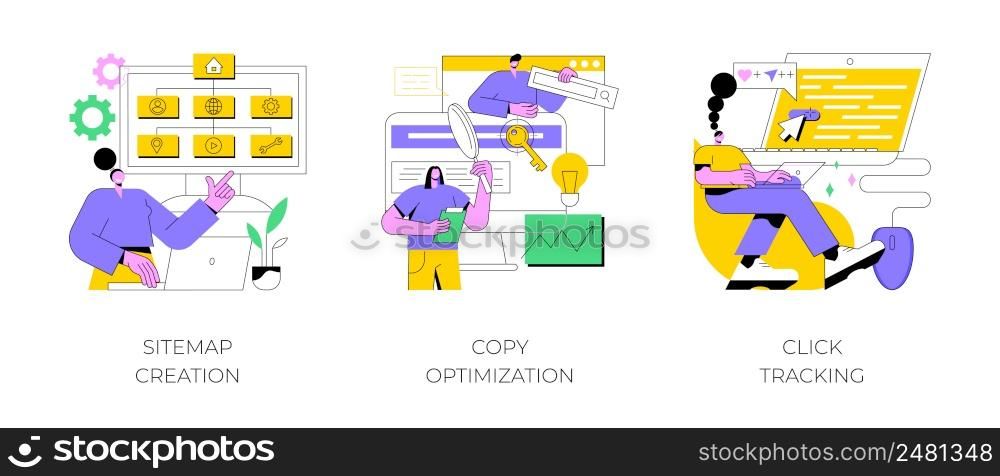 Website optimization abstract concept vector illustration set. Sitemap creation, copy optimization, click tracking, SEO analytics software, online business, target keyword, web text abstract metaphor.. Website optimization abstract concept vector illustrations.
