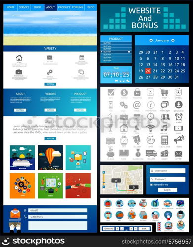 Website page template. Web design. Set of web page with icons for different websites in flat style. One page website flat ui and ux kit elements icons