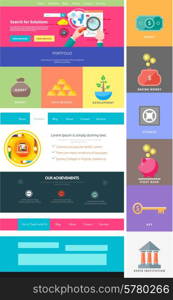 Website page template. Web design. Set of web page with icons for different websites in flat style. One page website flat ui and ux kit elements icons. Money concept
