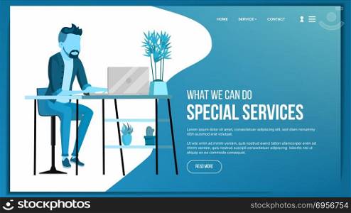 Website Page Vector. Business Agency. Front End Site Scheme. Cartoon Person. Protection Receipt. Illustration. Web Page Design Vector. Business Concept. Web Design And Development. Cartoon Character. Global Monitoring. Illustration