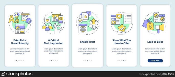 Website quality importance onboarding mobile app screen. Marketing walkthrough 5 steps editable graphic instructions with linear concepts. UI, UX, GUI template. Myriad Pro-Bold, Regular fonts used. Website quality importance onboarding mobile app screen