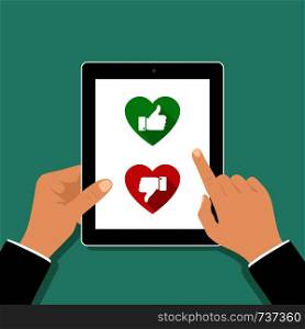 Website rating. Hand holding and pointing to the tablet with like and dislike. Vector illustration