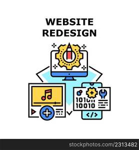 Website Redesign Vector Icon Concept. Website Redesign Creative Occupation, Adding Video Clip And Create Graphic Website. Programmer And Designer Professional Occupation Color Illustration. Website Redesign Vector Concept Color Illustration