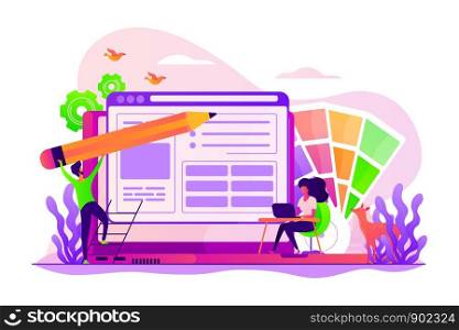 Website responsive ui, gui development business. Designers team working with laptops, create app ux. Web design, user Interface, User Experience concept. Vector isolated concept creative illustration. Web design concept vector illustration