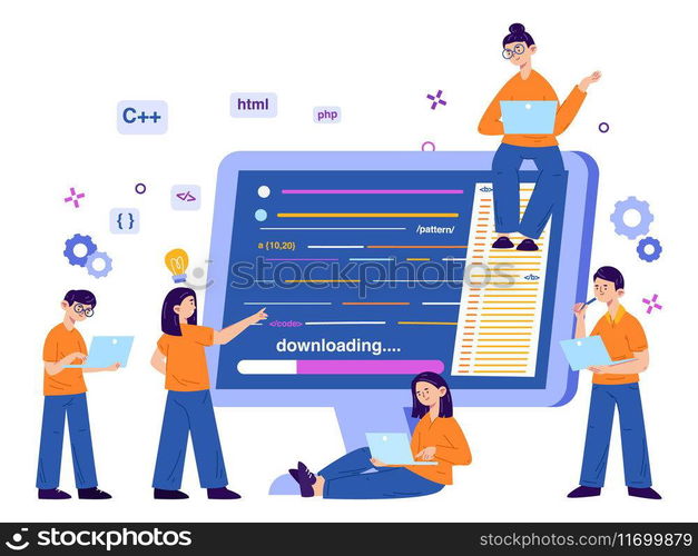 Website software developing, app programmers team concept. Code engeneers programming on computer vector illustration. Programmers and software developers. Software programmer development. Website software developing, app programmers team concept. Code engeneers programming on computer vector illustration. Programmers and software developers