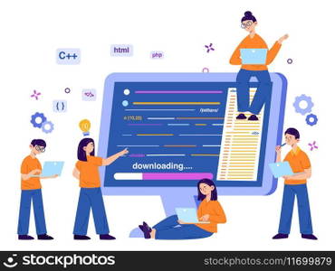 Website software developing, app programmers team concept. Code engeneers programming on computer vector illustration. Programmers and software developers. Software programmer development. Website software developing, app programmers team concept. Code engeneers programming on computer vector illustration. Programmers and software developers