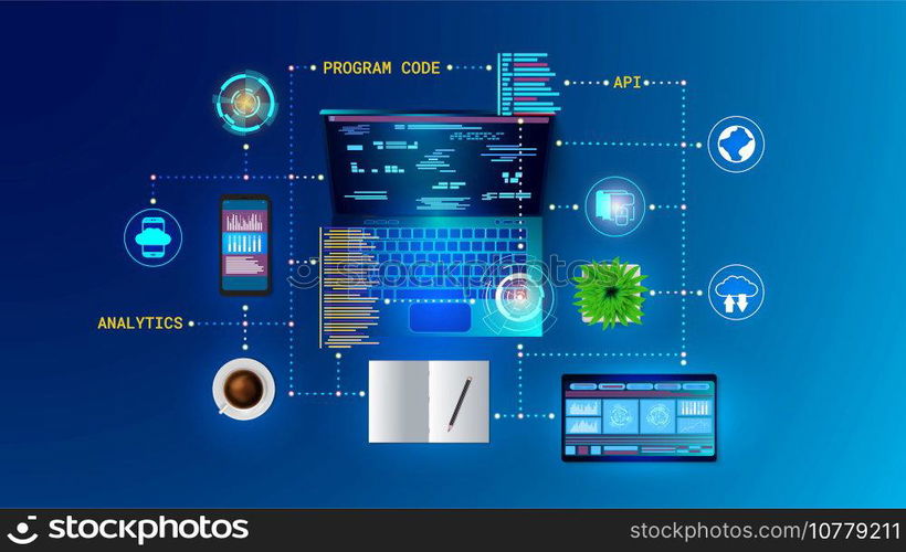 Website software. Web app. API technology. Program code. Digital mobile and laptop connection application. Computer platform. Data analytic. Internet network. Cloud system. Vector concept background. Website software. Web app. API technology. Program code. Digital mobile and laptop connection application. Computer platform. Data analytic. Internet network. Vector concept background
