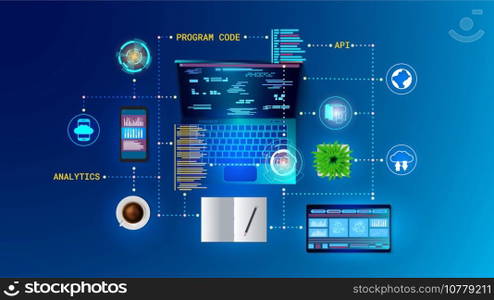 Website software. Web app. API technology. Program code. Digital mobile and laptop connection application. Computer platform. Data analytic. Internet network. Cloud system. Vector concept background. Website software. Web app. API technology. Program code. Digital mobile and laptop connection application. Computer platform. Data analytic. Internet network. Vector concept background