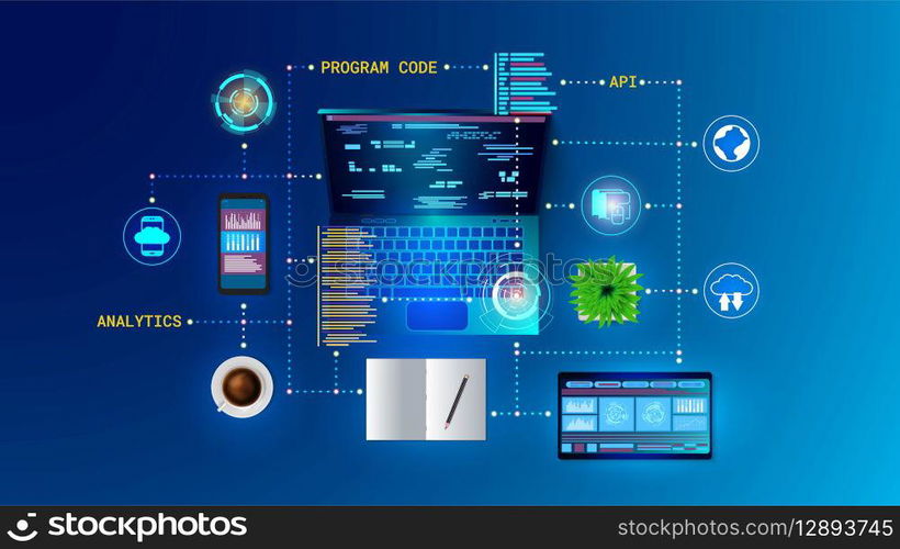 Website software. Web app. API technology. Program code. Digital mobile and laptop connection application. Computer platform. Data analytic. Internet network. Cloud system. Vector concept background. Website software. Web app. API technology. Program code. Digital mobile and laptop connection application. Computer platform. Data analytic. Internet network. Vector concept background