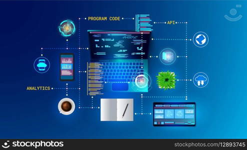 Website software. Web app. API technology. Program code. Digital mobile and laptop connection application. Computer platform. Data analytic. Internet network. Cloud system. Vector concept background. Website software. Web app. API technology. Program code. Digital mobile and laptop connection application. Computer platform. Data analytic. Internet network. Vector concept background
