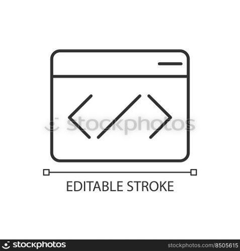 Website source code linear icon. Web development. Kind of website. Programming language. Content page. Thin line illustration. Contour symbol. Vector outline drawing. Editable stroke. Arial font used. Website source code linear icon