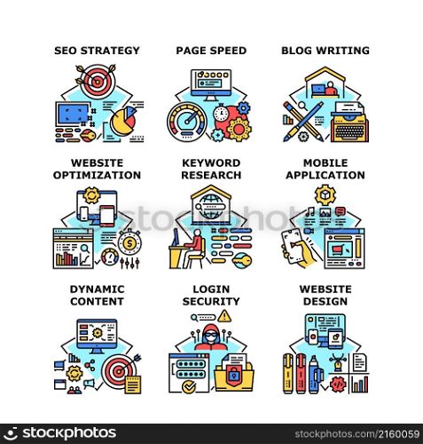 Website technology, Mobile application, Seo strategy, Dynamic content, Page speed, Blog writing, design, Login security, optimization, Keyword research vector concept color illustration. Website technology concept icon vector illustration
