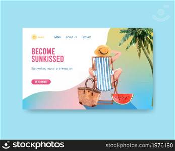 Website template design for summer travel and holiday watercolor illustration