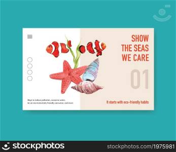 Website template design for World Oceans Day concept with marine animals watercolor vector
