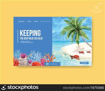 Website template design for World Oceans Day concept with marine animals watercolor vector