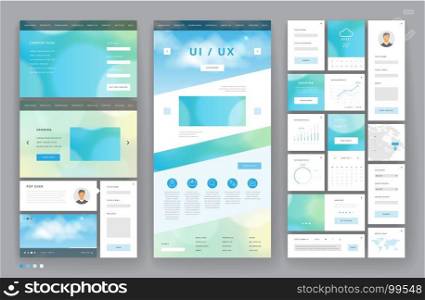 Website template design with interface elements. Bokeh defocused and sky cloud backgrounds. Vector illustration.