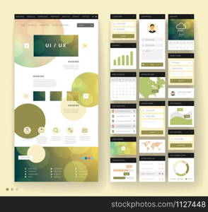 Website template design with interface elements. Bokeh defocused backgrounds. Vector illustration.