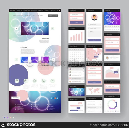 Website template design with interface elements. Bokeh defocused backgrounds. Vector illustration.