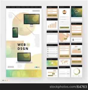 Website template design with interface elements. Bokeh defocused backgrounds. Vector illustration.