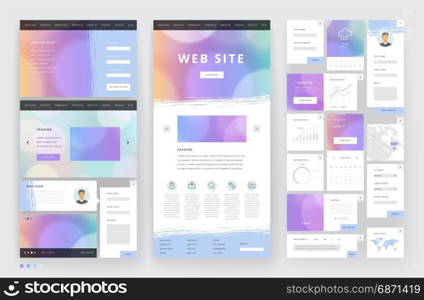 Website template design with interface elements. Bokeh defocused backgrounds. Vector illustration.