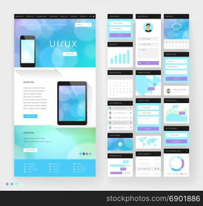 Website template design with interface elements. Bokeh defocused backgrounds. Vector illustration.