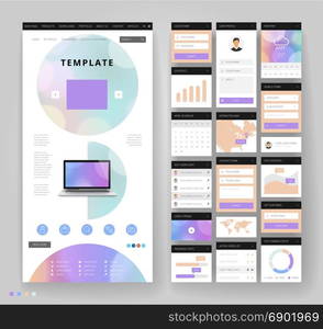 Website template design with interface elements. Bokeh defocused backgrounds. Vector illustration.