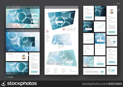 Website template design with interface elements. Bokeh defocused backgrounds. Vector illustration.