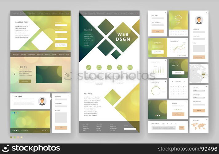 Website template design with interface elements. Bokeh defocused backgrounds. Vector illustration.
