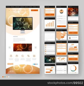 Website template design with interface elements. Bokeh defocused backgrounds. Vector illustration.