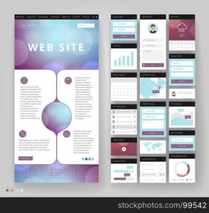 Website template design with interface elements. Bokeh defocused backgrounds. Vector illustration.