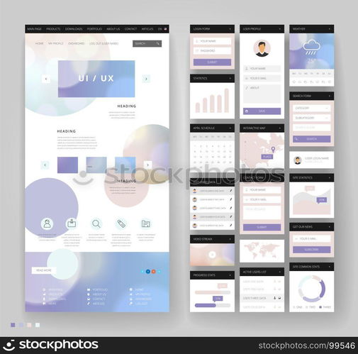 Website template design with interface elements. Bokeh defocused backgrounds. Vector illustration.