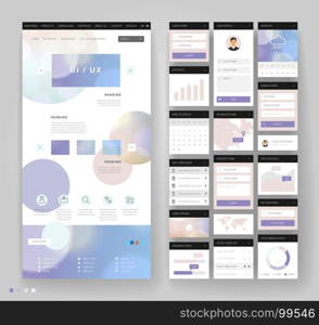 Website template design with interface elements. Bokeh defocused backgrounds. Vector illustration.