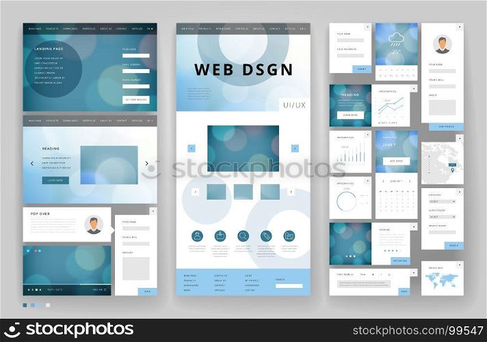 Website template design with interface elements. Bokeh defocused backgrounds. Vector illustration.