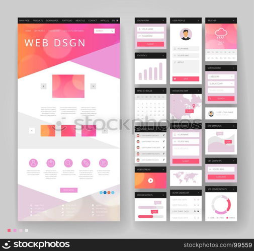 Website template design with interface elements. Bokeh defocused backgrounds. Vector illustration.