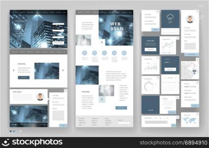 Website template design with interface elements. Business city backgrounds. Vector illustration.