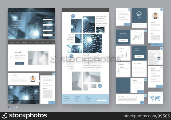 Website template design with interface elements. Business city backgrounds. Vector illustration.