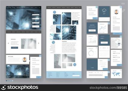 Website template design with interface elements. Business city backgrounds. Vector illustration.