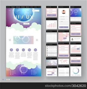 Website template design with interface elements. Earth and bokeh defocused backgrounds. Vector illustration.. Website template design with interface elements