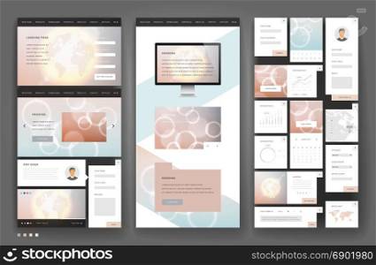 Website template design with interface elements. Earth and bokeh defocused backgrounds. Vector illustration.