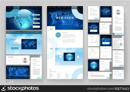 Website template design with interface elements. Global business technology connections. Sky cloud backgrounds. Vector illustration.