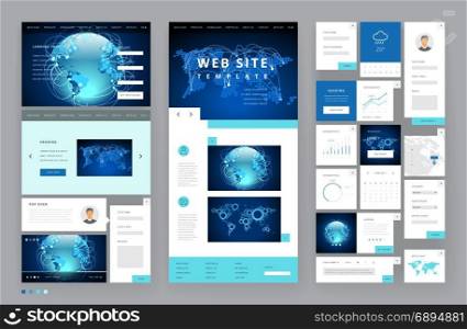 Website template design with interface elements. Global business technology connections. Vector illustration.