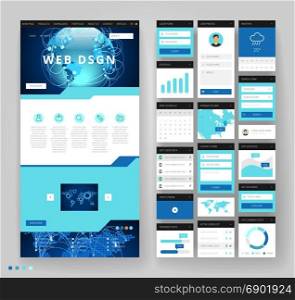 Website template design with interface elements. Global business technology connections. Vector illustration.