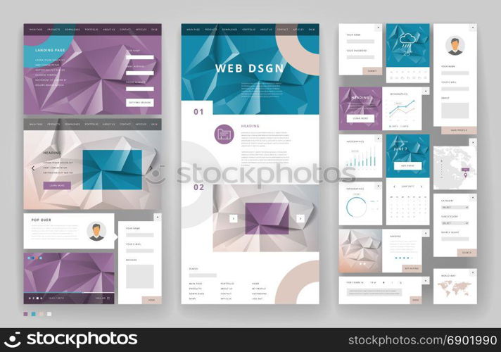 Website template design with interface elements. Low poly abstract backgrounds. Vector illustration.