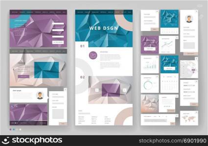 Website template design with interface elements. Low poly abstract backgrounds. Vector illustration.