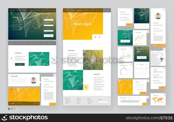 Website template design with interface elements. Low poly abstract backgrounds. Vector illustration.